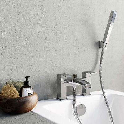 Square Bath Filler Tap with Shower Head and Basin Mixer Tap, Chrome Solid Brass DL Modern