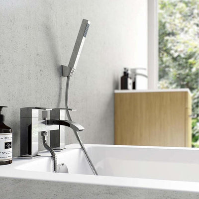 Square Bath Filler Tap with Shower Head and Basin Mixer Tap, Chrome Solid Brass DL Modern