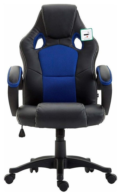 Swivel Chair Upholstered, PU Leather, Tall Backrest and 2-Air Vent, Black/Blue DL Modern