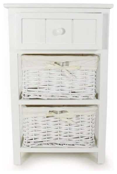Tall Bedside Table, White Finished MDF With Drawer and Wicker Storage DL Traditional