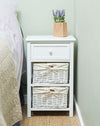 Tall Bedside Table, White Finished MDF With Drawer and Wicker Storage DL Traditional