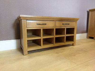Traditional 2-Drawer and 8-Shelf Storage Bench, Light Oak DL Traditional