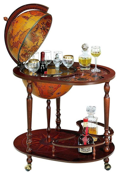 Traditional Bar Globe With Castor Wheels and Extended Table, Old Map Design DL Traditional