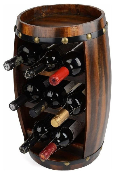 Traditional Barrel Wine Rack, Brown Finished Solid Wood, 14-Bottle Capacity DL Traditional
