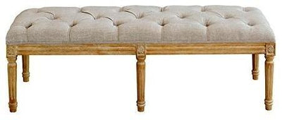 Traditional Bench in Solid Wood with Carved Frame and Legs, Linen Fabric Seat DL Traditional