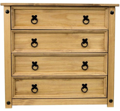 Traditional Chest of Drawers, Distressed Waxed Solid Pine Wood, 4 Large Drawers DL Traditional