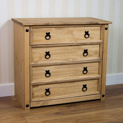 Traditional Chest of Drawers, Distressed Waxed Solid Pine Wood, 4 Large Drawers DL Traditional