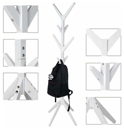 Traditional Clothes Rack, Solid Wood, 8-Hanger Hook, Simple Tree Design, White DL Traditional
