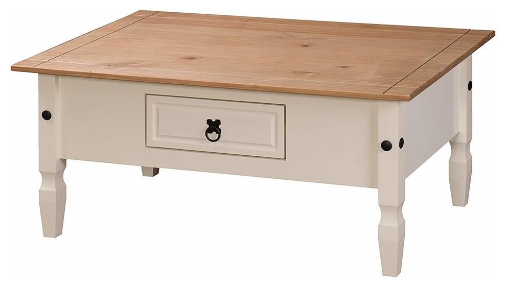 Traditional Coffee Table in Cream Painted Solid Pine Wood With Storage Drawer DL Traditional