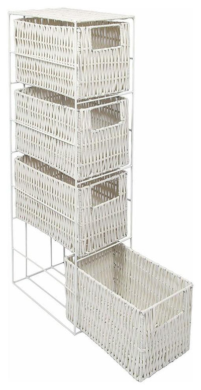 Traditional Drawer Storage Unit with White Metal Frame and 4 Wicker Drawers DL Traditional