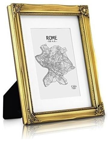 Traditional Photo Frame A4, Glass Front and Wood Frame, Baroque Design, Gold DL Traditional