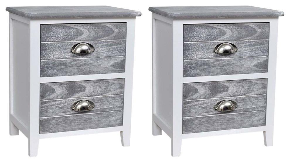 Traditional Set of 2 Bedside Cabinets, Painted Wood, 2 Storage Drawers, Grey