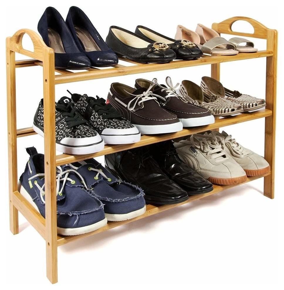 Traditional Shoe Rack, Natural Bamboo Wood With 3 Tiers, Handles on Each Side DL Traditional