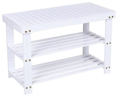 Traditional Shoe Rack, Solid Beech Wood With 2 Open Shelves, White DL Traditional