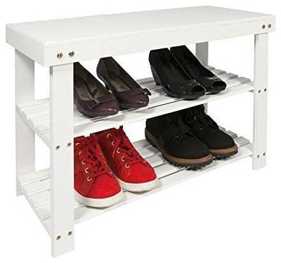 Traditional Shoe Rack, Solid Beech Wood With 2 Open Shelves, White DL Traditional