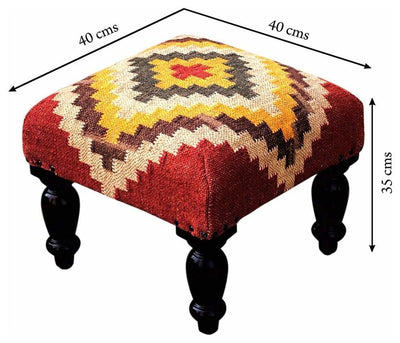 Traditional Stool Upholstered in Multicoloured Fabric with Solid Wood Legs DL Traditional