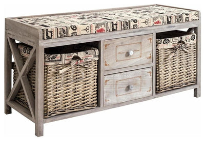 Traditional Storage Bench, Hardwood With 2-Drawer and 2 Wicker Basket DL Traditional
