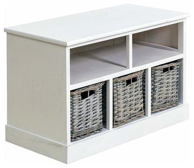 Traditional Storage Bench, White Finished With 3 Wicker Baskets DL Traditional