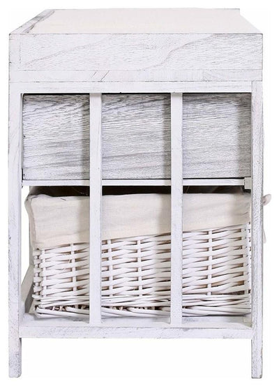 Traditional Storage Bench, White Natural Wood With 2 Drawers, Baskets and Seat DL Traditional