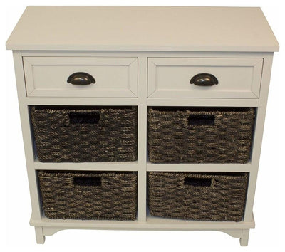 Traditional Storage Cabinet, Painted MDF, 4-Wicker Basket and 2-Drawer, White DL Traditional