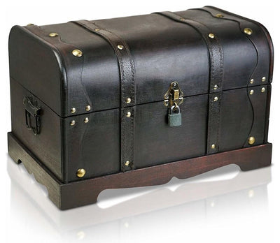 Traditional Storage Chest, Black Finished Wood With Security Straps and Lock DL Traditional