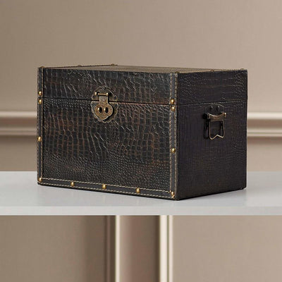 Traditional Stylish Storage Chest, Wood and Black Faux Leather DL Traditional
