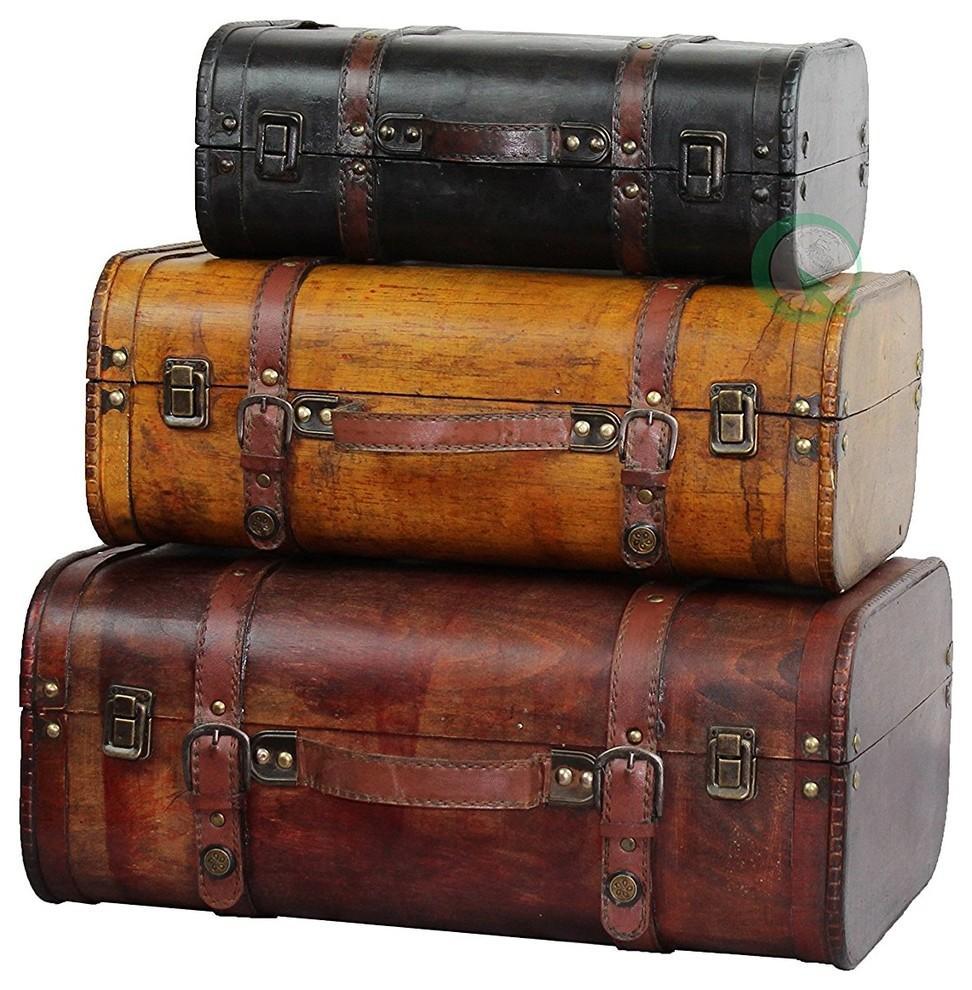 Traditional Stylish Suitcase Trunks in Plywood and Faux Leather, Set of 3 DL Traditional