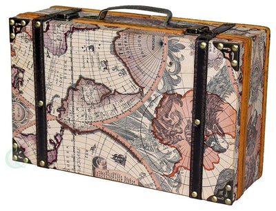 Traditional Suitcase, Lite Brown Finish Wood, Antique Map Print Design DL Traditional