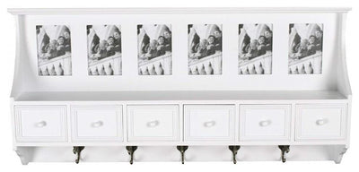 Traditional Wall Mounted Clothes Rack, White MDF With 5-Hook, 6 Photo Frames DL Traditional