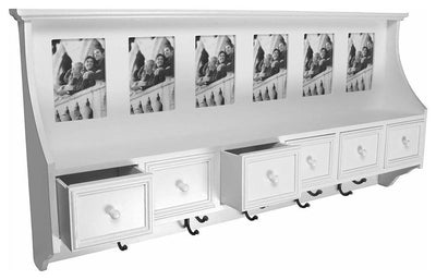 Traditional Wall Mounted Clothes Rack, White MDF With 5-Hook, 6 Photo Frames DL Traditional