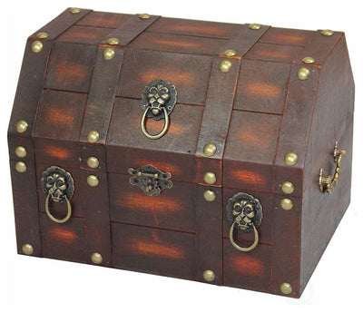 Treasure Chest in Antique Brown Finished Wood with Lion Rings, Traditional Style DL Traditional