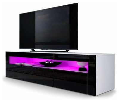 TV Stand Unit, MDF, 1-Door Cabinet, Inner Shelf & 1-Open Case, Black High Gloss DL Modern