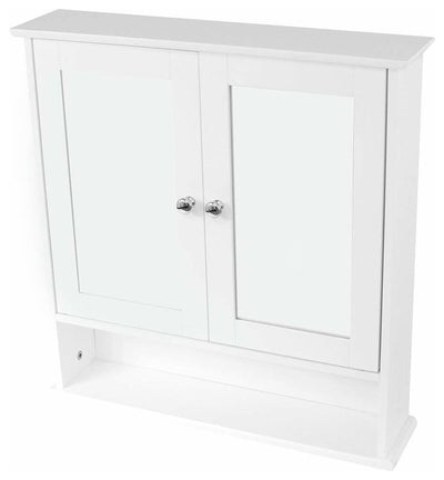 Wall Mounted Storage Cabinet in White MDF with Mirrored Double Doors, Open Shelf DL Modern