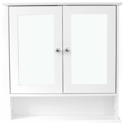 Wall Mounted Storage Cabinet in White MDF with Mirrored Double Doors, Open Shelf DL Modern