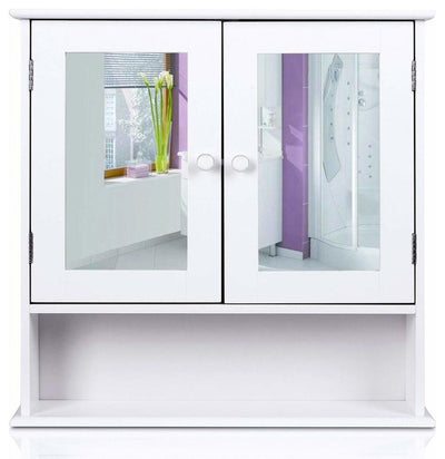 Wall Mounted Storage Cabinet, MDF With Double Mirrored Doors and Bottom Shelf DL Modern
