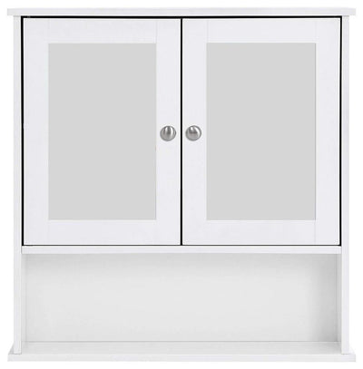 Wall Mounted Storage Unit, Wood With White Finish, Mirrored Doors, Open Shelf DL Modern