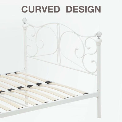 White Metal Double Bed Frame With Headboard Footboard and Wooden Slats Support DL Modern