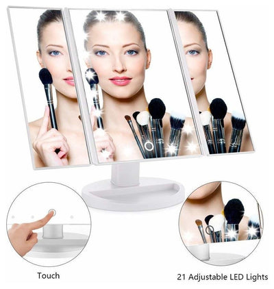 White Tri-Fold Illuminated Vanity Mirror, LED Lights Touch Screen, Modern Style, DL Modern